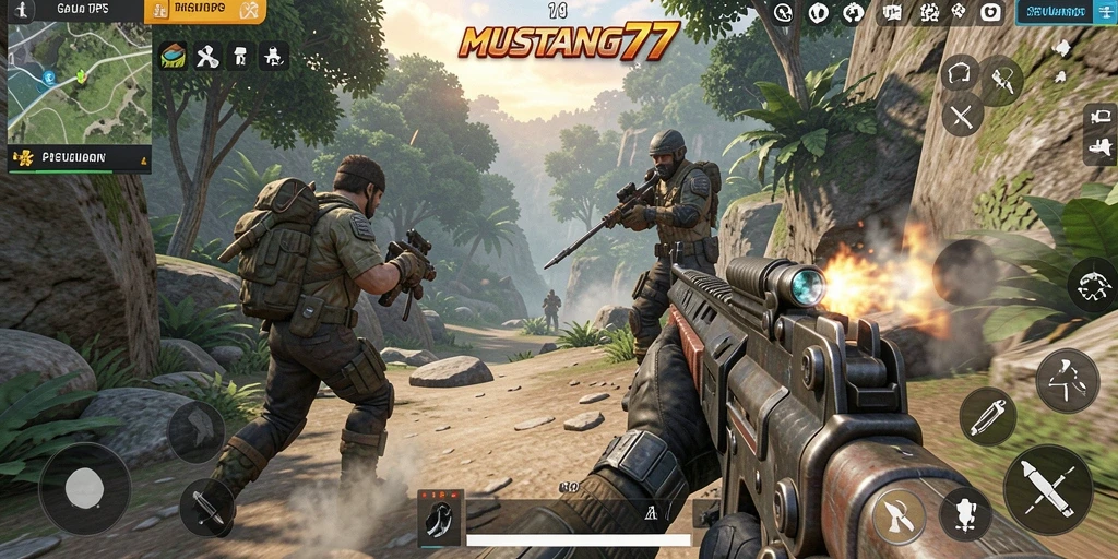 Screenshot MUSTANG77 menunjukkan aksi seru dalam gameplay TPS.
