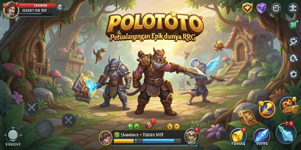Tangkapan layar POLOTOTO menampilkan aksi pertempuran RPG yang seru dan penuh warna.
